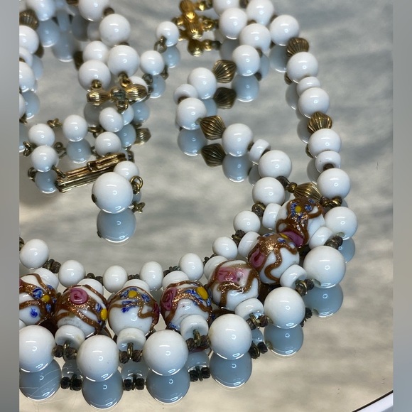 Vintage Rare Antique Venetian Wedding Cake & Milk Glass Beaded Bib Necklace 16” - Picture 11 of 17